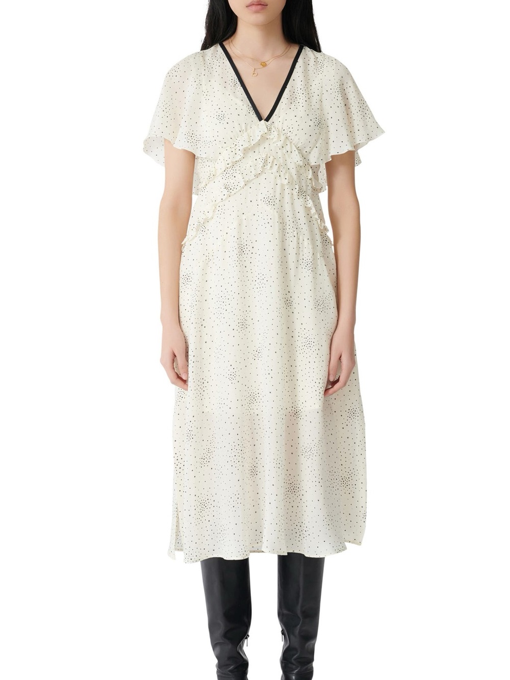 MAJE Racky Ruffled Printed Cupro Midi Dress In Ivory 40 (8)